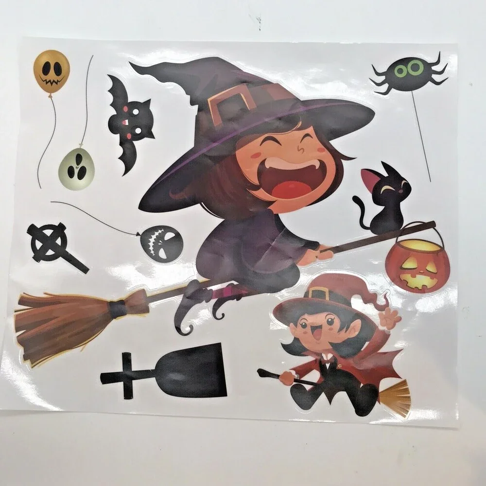 Vintage Window Clings Halloween Decorations Witch Ghost Pumpkin Cat Mummy Spider